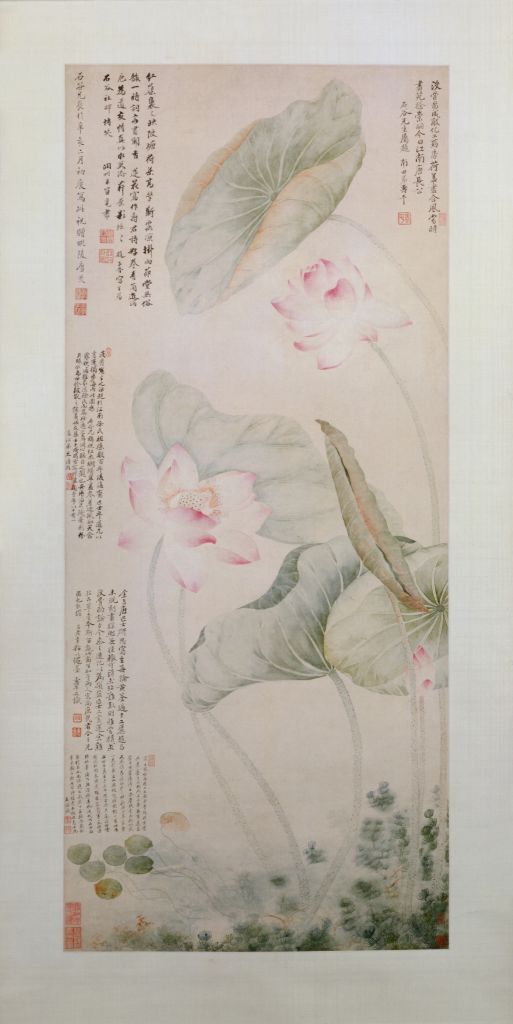 图片[1]-Tang Yun Shouping Red Lotus and Green Algae Map Axis-China Archive